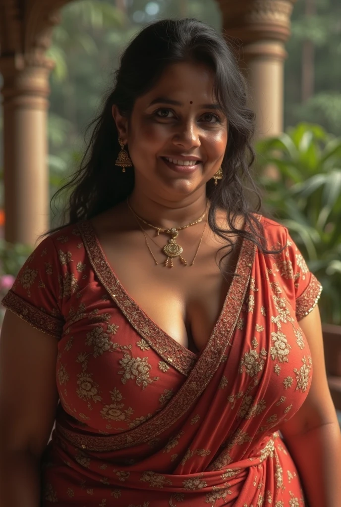 50 years age beautiful plump Indian auntie busty figure, wearing nothing ,no blouse,showing clevage,mangalsutra,no bra ,glowing yet little aged skin,she's beautiful as fuck,milf sorta women,very Indian,bindi on forehead,mom of 4-5 kids but still very attractive,big breasts 48DDD, are amazing and pink nipples. Her  soo bigg an juicy very tempting