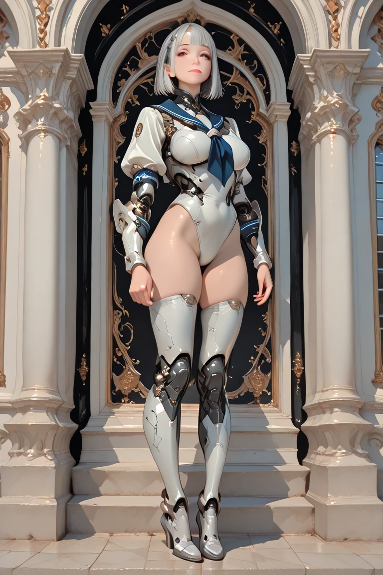 ((Back view:1.4)),looking straight to viewer, ((light brown hair:1.4)), sexy aesthetic, There is a roman goddess in a robot suit ((posing inside futuristic Roman building)), ((long side burns)), ((long hair bangs:1.5)), ((Beautiful white girl half cyborg)), (gigantic breasts:1.7), Cute ancient Roman woman, (ass air bags),, ((official art)),(((Masterpiece))),(Best Quality), (Super Detail),((Very Delicate and Beautiful)),cinematic lighting,1 girl,((full body portrait)),((standing confident)),((solo)), an hourglass waist,padded and corseted bodice,(((huge crinoline hoopskirt))),Ancient Rome aesthetic,((gorgeous embroidery and jeweled)),voluminous frills,See-through,(gorgeous embroidery and beautiful lace),(((extremely gigantic tits,skindentation))),cleavage,((large amount of straight hair,extremely voluminous twin Hair buns,black Hair)),(finely detailed face and eyes),clear pupil,extremely gorgeousfull hair ornament,(bling-bling jeweled extremely gorgeousfull tiara),(bling-bling gorgeous tunic),gorgeous long veil,((opera gloves)),(beautiful background),(full body),((gorgeous embroidery and jeweled extremely gorgeous princess rococo ballgown with voluminous full length hoop skirt)), Beautiful girl cyborg, (aletta ocean face), (puffy lips), Perfect Robot Girl, Cyborg girl, intricate details, Young cyborg lady, Beautiful Female Robot, ((robotic abs:1.4)), intricate holes on hips, Beautiful robot woman, cyborg girl, perfect cyborg female, ((cyborg)), Female robot, Beautiful cyborg images, (cinematic lighting))