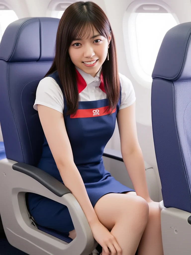 cabin attendant, airline uniform, looking at viewer, grin, wearing separate field uniform, spread legs:1.7, cameltoe:1.4, short body:1.3, slender, small breasts, stomach, ((slender:1.3)), ((medium hair)), (((small buttocks))), parted bangs, (Best quality, 8k, 32k, Masterpiece, UHD:1.2),Photo of Pretty Japanese girl(japanese:1.2), photorealistic,(20 years old:1.2),(Best quality, 8k, 32k, Masterpiece, UHD:1.2),Photo of Pretty Japanese girl(japanese:1.2)