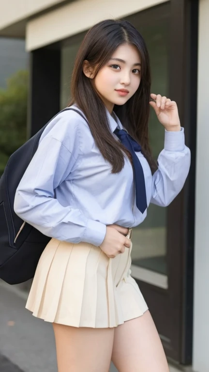 Reality、photo shoot、
Yasuko Tomita、18-year-old、
Hairstyle up、cute、
uniform、squat、
smile、Show pussy、
