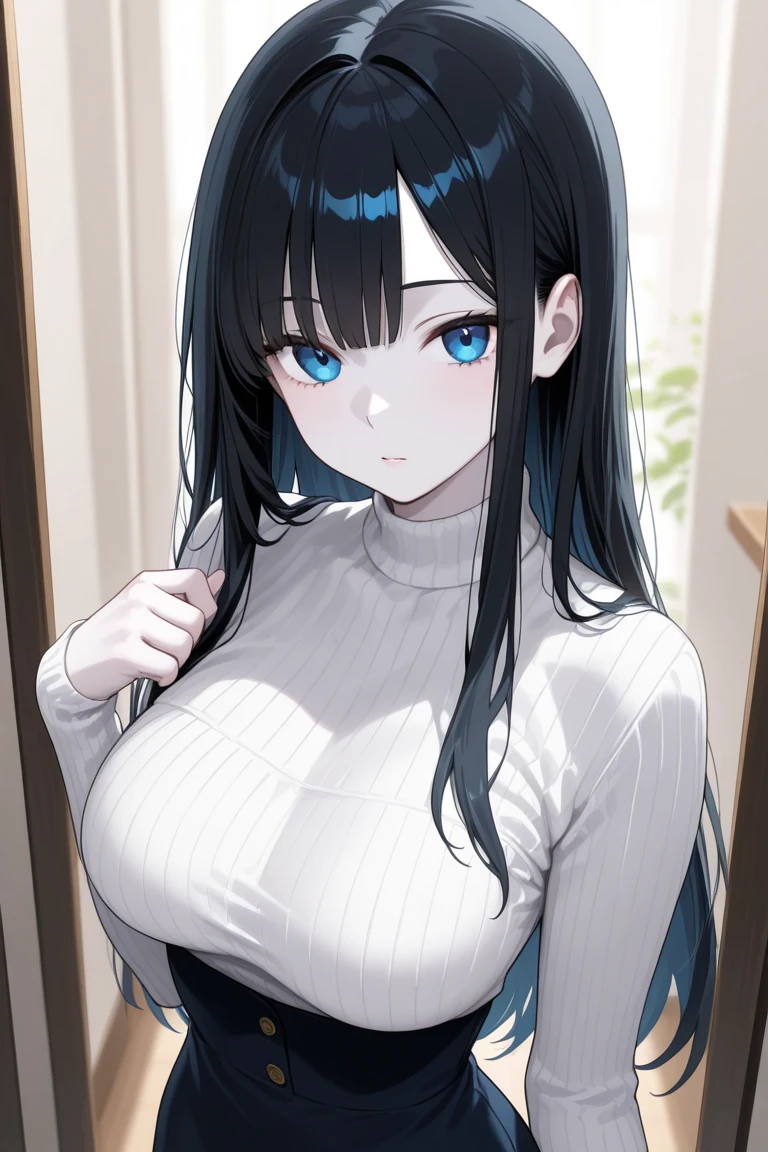 Hime cut with long black hair、Has straight bangs and blue eyes、A girl with very large breasts wears an off-the-shoulder sweater。I'm working on a computer。The girl has a relaxed, calm and satisfied look。