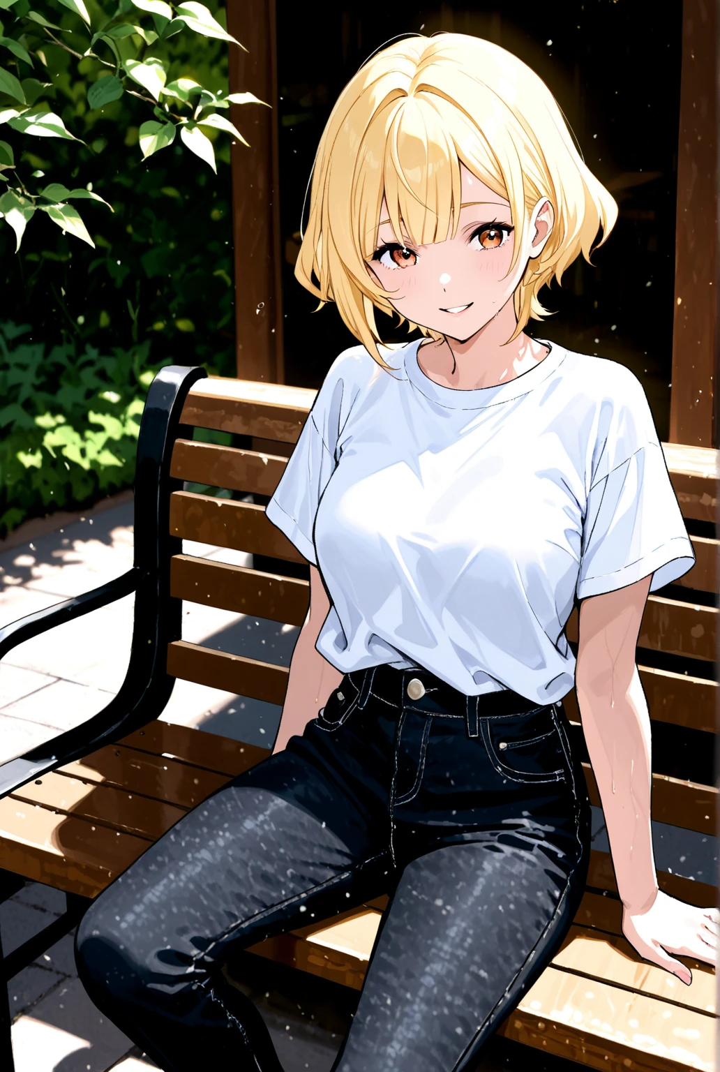 masterpiece, highest quality, High resolution, Horimiya、yoshikawa 、Blonde Short Hair、the body is slim、{front、From under the desk},{Pencil Mini Skirt, Bare feet and a blue denim miniskirt、Lace panties are visible｝whole body、Cowboy Shot, indoor, {Sit deep in a chair｝, Holding a cup, coffee, Looking at the audience,