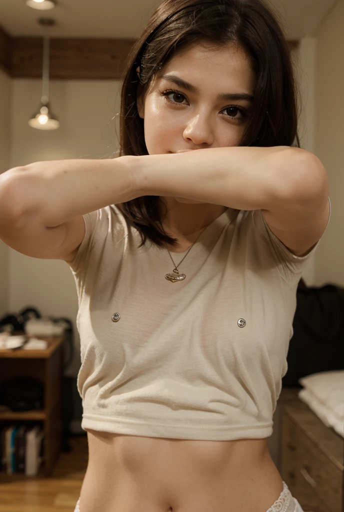 top-quality、in 8K、masterpiece、超A high resolution、(Photorealsitic:1.4)、Raw photo、((a girl solo:2.0))、Japanese, short hair, muscular arms, broad shoulders, 35 year old、sad face、textured skin、sexy pose、((Show off your armpits:1.1))、((Armpit:1.4))、black sleeveless turtleneck