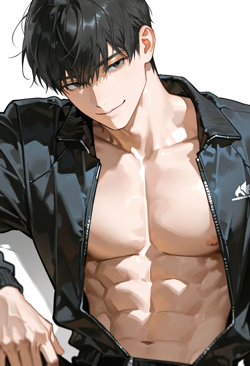Angle from below, male, 30 years old, male1 person, Adult, A sadistic atmosphere, Black Hair, Sharp Eye, Lewd Eyes, Take off your shirt look, Face close-up, sweating, smile, Background: dark sex room, intimate lighting, imminent sex, muscular, athletic build, bara, lewd, horny look, sleeveless, one arm reaching to viewer, dark lighting, black thong, very sweaty, wet body, strong muscular back, strong muscular chest, contrasting light, dark room, tears, tear drops, condensation on skin, many droplets on skin, sweaty abs, sweaty chest, angle looking up at ceiling, square ceiling light, dark background, torn white undershirt, ripped white undershirt with skin showing, holes in undershirt, man looking straight below, evil look, sweat stains on white undershirt, dark stains on undershirt, visible breath, visible breath through nose