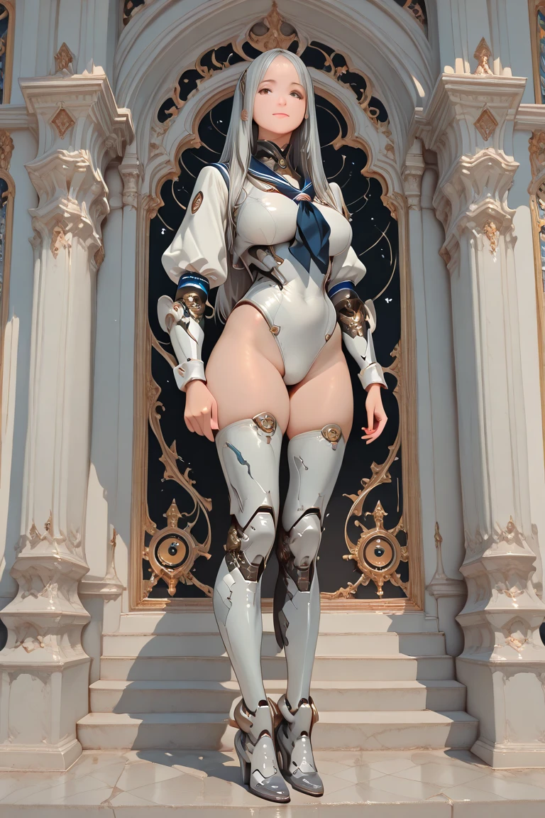 Onze, intrincado rosto de beleza perfeita, olhos brilhantes afiados detalhados, Rosto detalhado, (((From face to waist))), (((Forma de beleza))), ((em realista branco neon-iluminado sci-fi mech plugsuit costume)), master part, 4k, UHD (((vestindo manopla dourada com preto hiper realista e detalhado))) (((Ethereal aesthetics)))