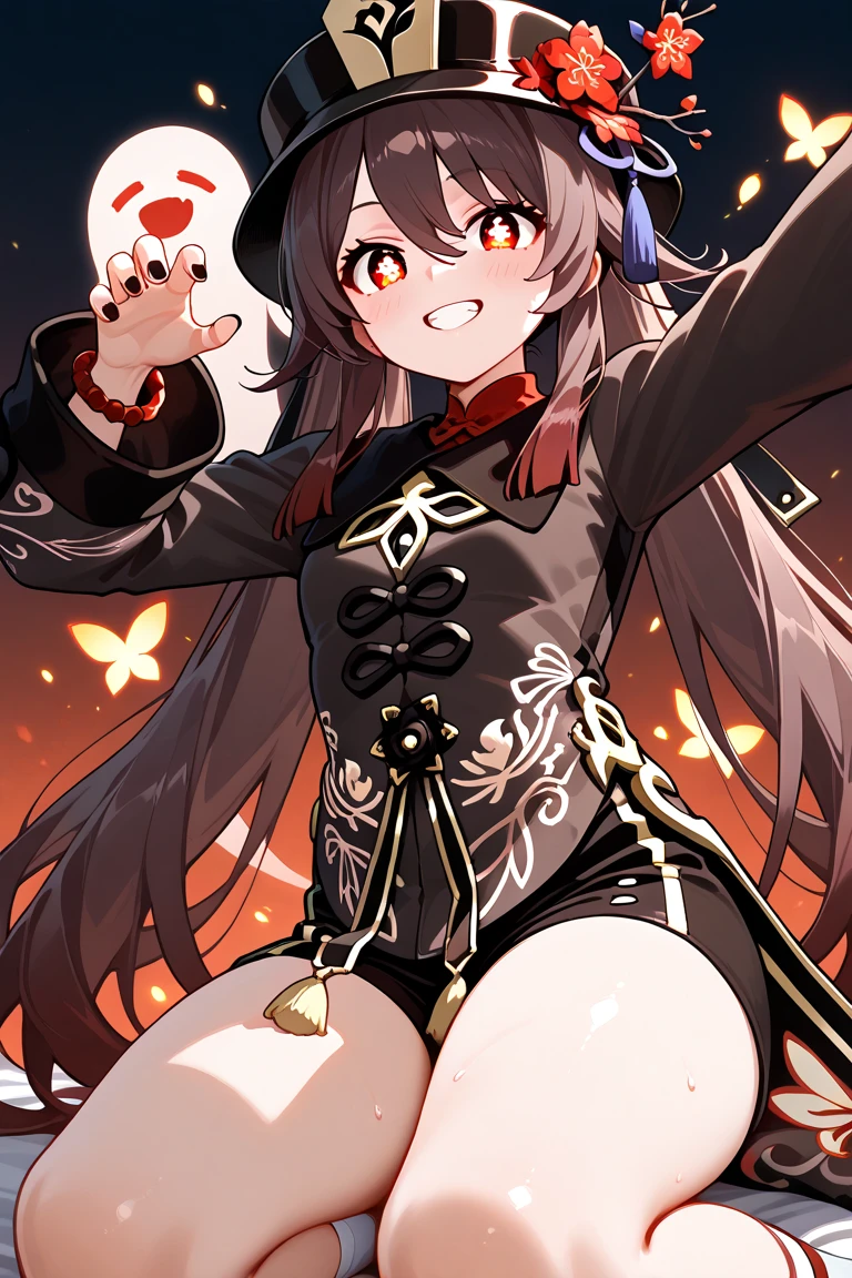 Shexyo style, 1girl, hu_tao_(genshin_impact), shorts, boo_tao_(genshin_impact), hat, brown_hair, fire, ass, twintails, ghost, solo, looking_at_viewer, flower, black_shorts, red_eyes, symbol-shaped_pupils, long_sleeves, short_shorts, long_hair, black_headwear, thighs, plum_blossoms, looking_back