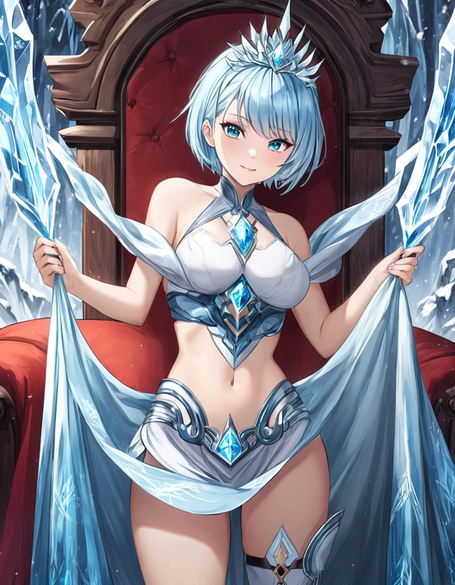 1 girl , short hair, light blue hair, queen of ice outfit, ice, sexy, thighs, glowing, sidelighting, wallpapers