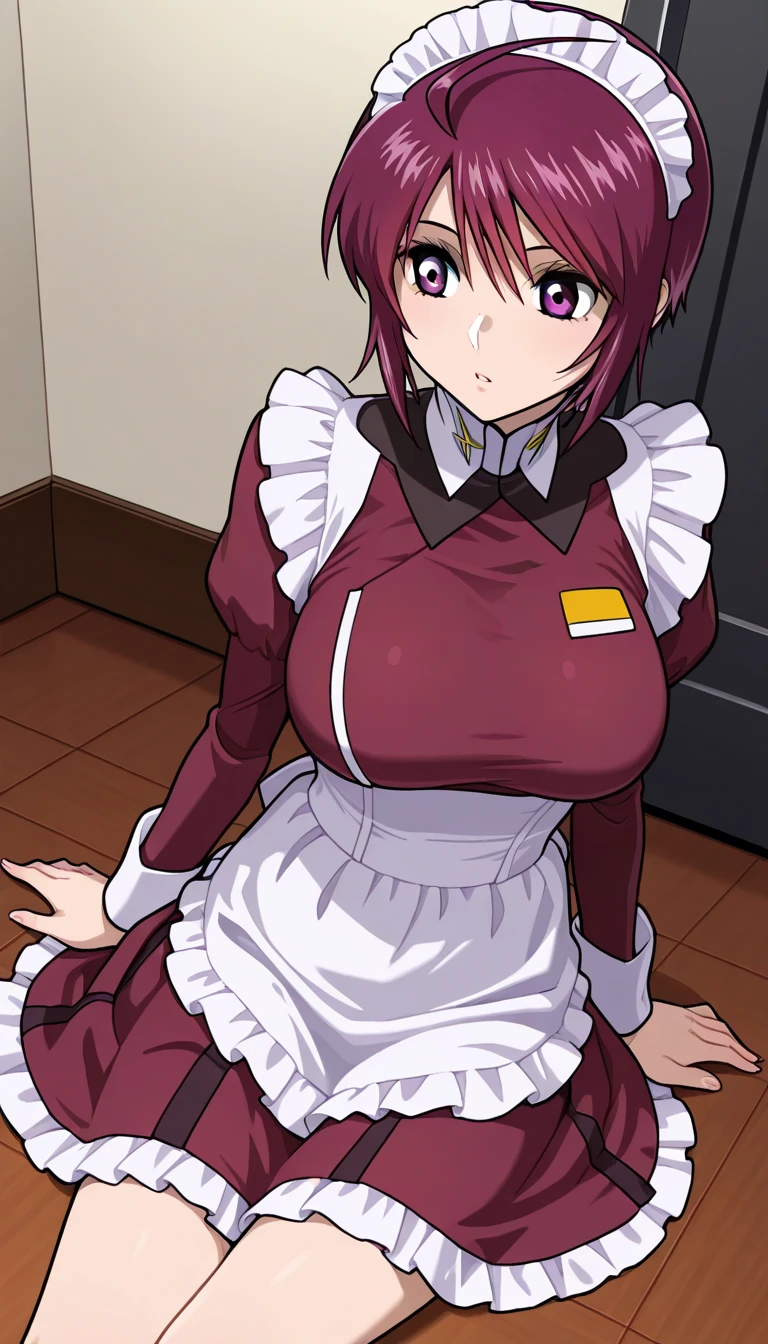 Ranma saotome, Cabello rojo, traje maid sexy, pechos grandes, collar, falda, escote grande, cuerpo completo, position on all fours on the floor, sexo, pezones