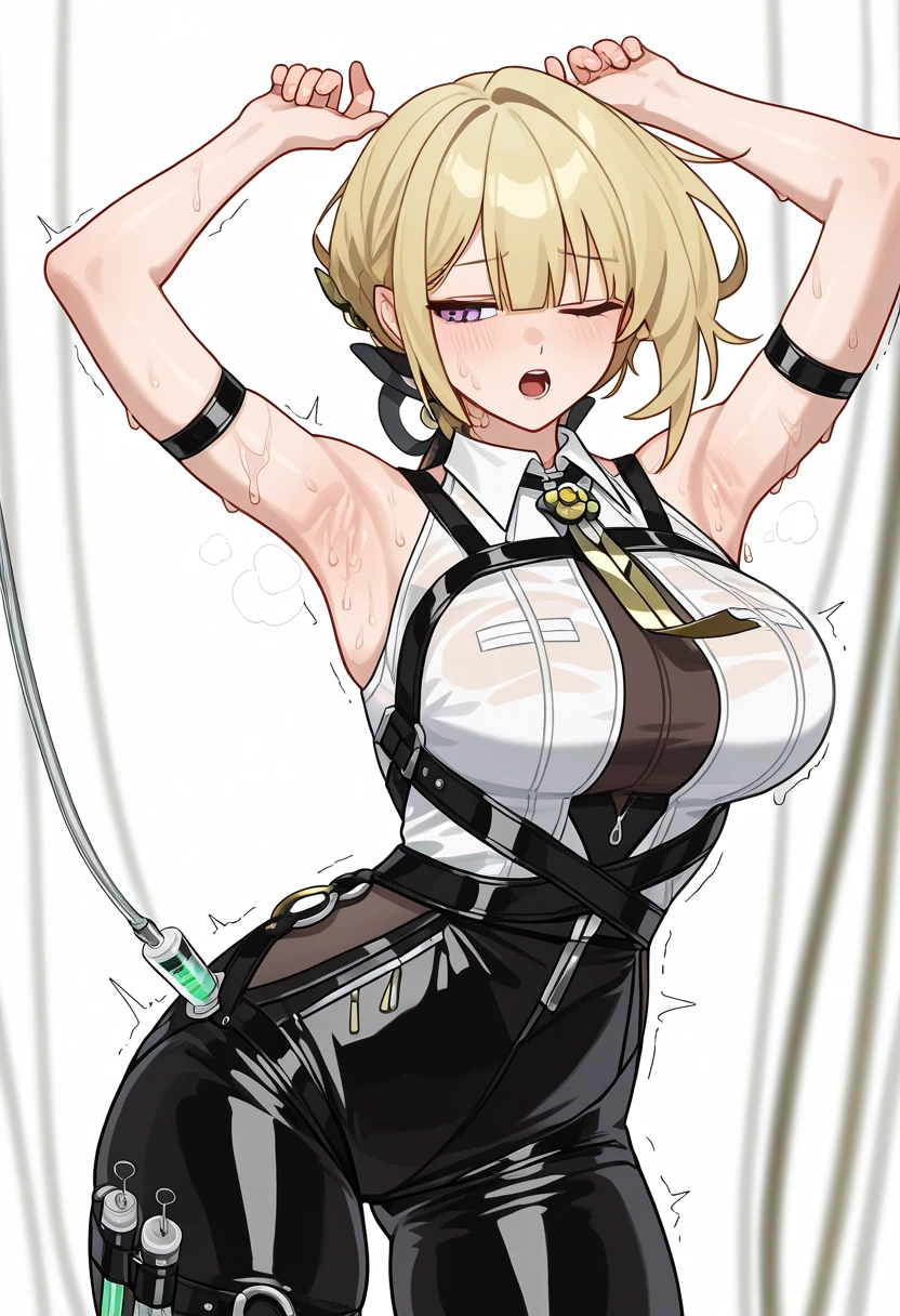 crop whip, sarielx, dominatrix, soft particles, o-ring top, corset, peaked hat, white panties, thigh boots, huge breasts, smirk, blush, (luxury bedroom background), anime cels style, best quality, high resolution, 1girl, (huge breasts:1.2), beautiful face, cowboy shot, heterochromia, braided ponytail, braided bangs, looking at viewer, yellow right eye, blue left eye, pov from below