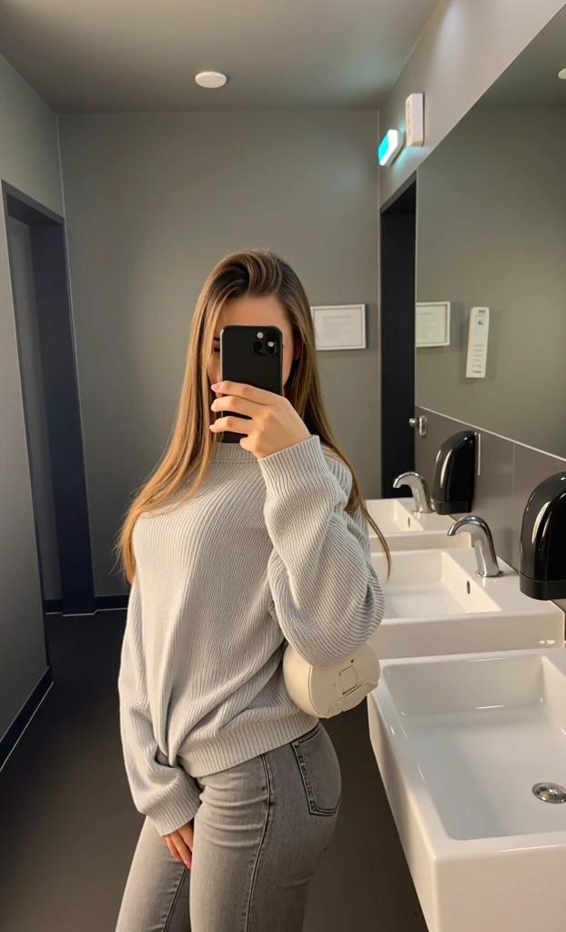 jeune femme, Blond, cheveux mi-long et ondulés se prenant en photo dans le miroir d’un ascenseur de qualité la plus réaliste possible 