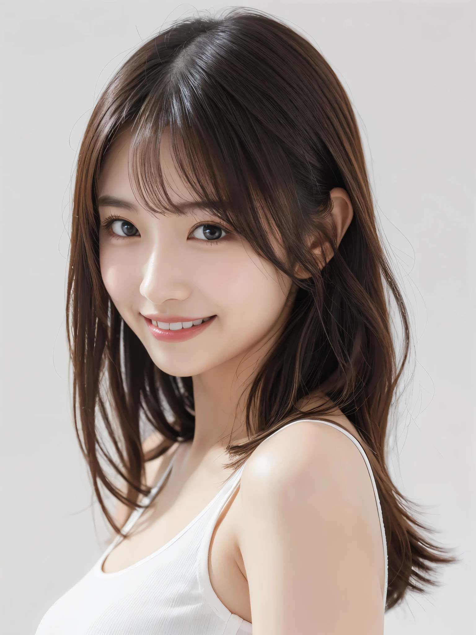 masterpiece, highest quality, Photoreal, Super detailed, finely, High resolution, 8k wallpaper, cut model, Professional, soft light in the studio, 20〜23 years old, Advanced level of detail, 1 girl, thin japanese woman, small breasts,((turn to the side)), perfect face, brown hair, medium long hair, bangs, (look at camera and smile), white t-shirt