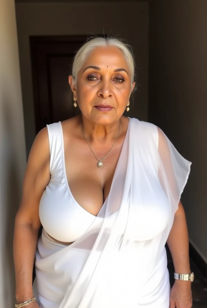 60 years old　mom　milf　indian, Lady　large earring　Big necklace, bindi, maang raksha, waist band,　navel piercing decoration　A bracelet　Silver Hair　realisitic　Gorgeous Madame Beautiful Mature Woman　sexly　embarassed　Gentle woman navel piercing　４K　High quality, completely naked,         Big muscles,    exposed big breasts  , hairy vagina, squatting in a green grass field and blue sky, outdoors daytime