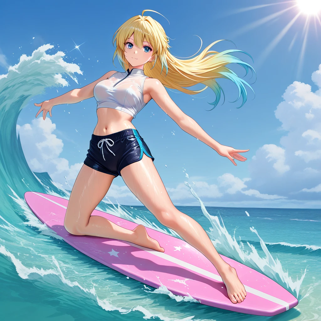 ((highres)), ((masterpiece)), ((medium breasts)), 1girl, mythra \(xenoblade\), ocean, sea, waves, (surfing), ((surfboard)), swimsuit, standing, standing on the surfboard