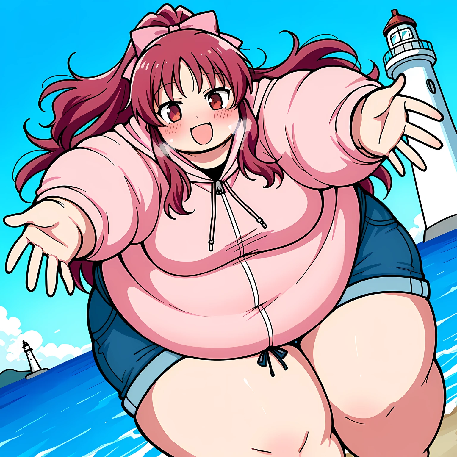 Anime art of a handsome!!! yet fat young man with he has a jiggly fat round!! belly, thicc, ((his belly is fat and round)), full body portrait of a tall!, fat bacchanalian body, obese ), insanely inflated hips, fullbody commission for, morbidly obese, an obese, large thighs, huge belly,expression(Smug),(( High quality, Masterpiece))