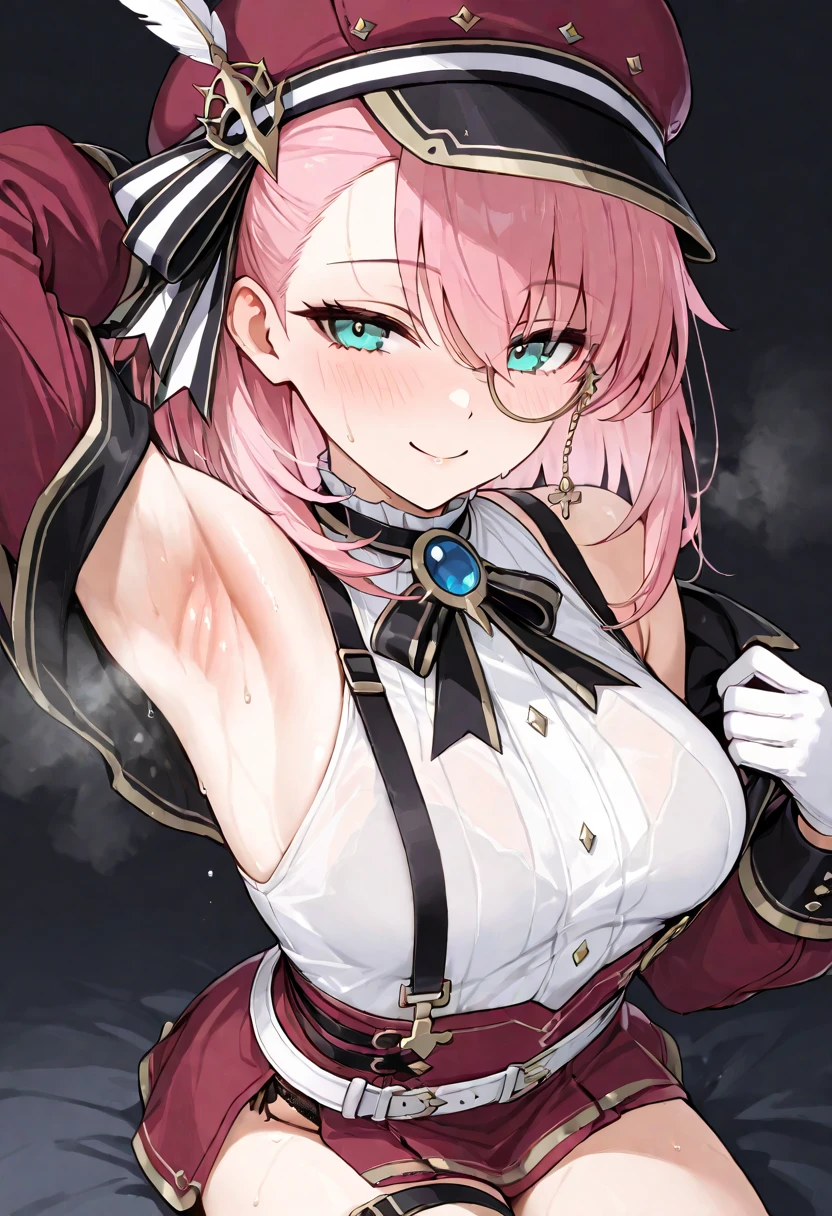 ((masterpiece,best quality)),high resolution, highly detailed, detailed background, perfect lighting,detailed beautiful eyes,1girl,solo,embarrassed,blush,look at viewer,steam,sweat,in heat,confused,watery eye,(cum on armpits:1.2),(show off armpits,upper body:1.2),open mouth,upward glance,wavy mouth,open mouth,confused,tear,charlotteid, pink hair, hat, gloves, monocle, bare shoulders, green eyes, long sleeves, short hair, detached sleeves, skirt,show off breast
