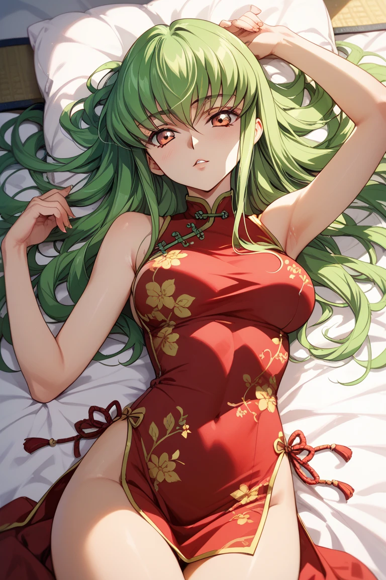 (masterpiece, best quality, detailed), 1girl, solo, looking at viewer, c.c., yellow eyes, green hair, long hair, bangs, medium breasts,
china dress, pelvic curtain, side slit, double bun, bun cover, cleavage cutout, sleeveless, print dress, covered navel, no panties, indoors, couch, pillow, window, curtains, potted plant, sitting, crossed legs, smile, closed mouth
