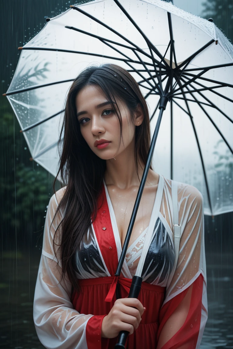 (tall woman with slim figure), (she stands in the garden in rainy weather), ((dark red very long hair)), (small head), ((detailed realistic face and eyes)), cinematic lighting, 8K resolution, ((long white shirt)), ((very wet shirt)), ((wet hair))
