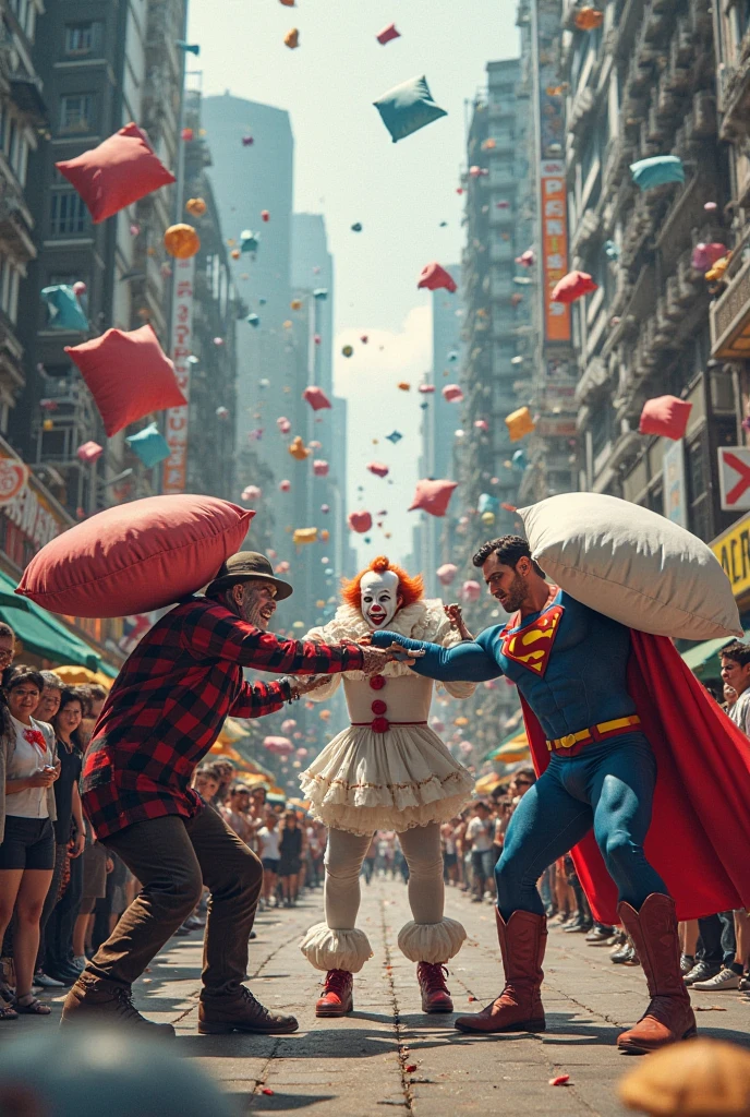gigantic, mile tall clowns destroying a city, in the style of Gerald Scarfe