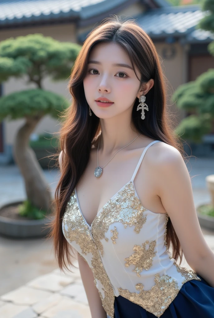 <lora:llfyushuxin:0.7>1girl,smile, medium_breast, looking at the viewer, solo, cowboy_shot, see through Formal dress, stage, studio light, hair ornament, era rings, necklaces,