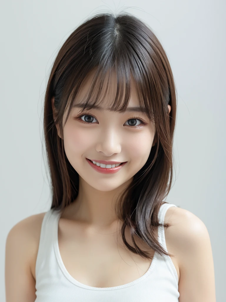 masterpiece, highest quality, One Girl, (Beautiful girl, Delicate girl:1.3), (18-year-old:1.3), Very fine grain definition, (Symmetrical eyes:1.3), Small breasts, The best smile, Brown eyes, Parted bangs, Black Hair, I'm so happy, A forgiving look