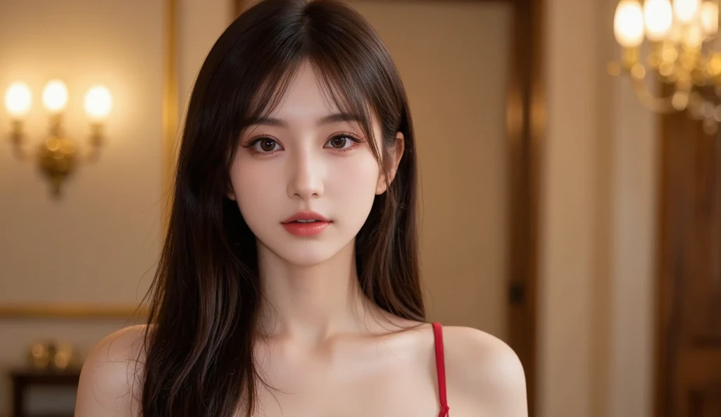 (logo, masterpiece, 8K, Tabletop, RAW Photos, wonderful, 最high quality, Photorealistic and very detailed CG composite 8k wallpaper, high quality, Very detailed, Narrative poem, Particle Effects, Dynamic Effects, Depth of the Boundary, Cinematic Light, Lens flare, Ray Tracing), short hair beautiful young woman, Hair tied back, high detail skin, very fine, fine skin texture, beautiful face, realistic eyes, beautifully detailed eyes, realistic skin, beautiful skin, surreal, smiling eyes, Hair and light eyes, Vibrant, Colorful lights and bokeh. The lighting casts a warm glow on her face and hair, Blue glow, Water surface reflection, Creates a dreamy and magical atmosphere, Big Breasts, Brown Hair, short hair, plump lower lip, pink blush on the cheeks , pink lips, brown tight no-shoulder knit sweater