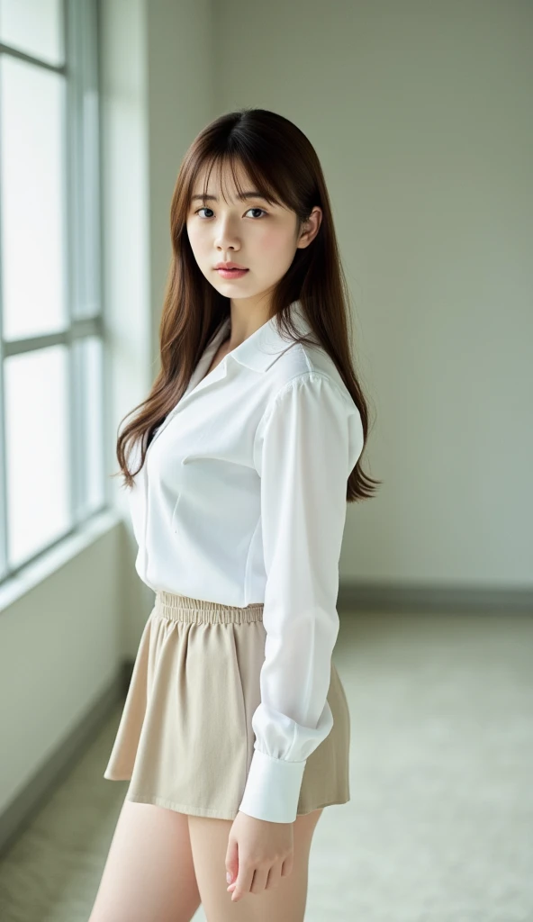 highest quality, masterpiece, High Detail, 16K quality, beautiful , Light brown medium hair, 明るい茶色のbeautiful目, uniform, White blouse, black_pantyhose, White panties showing through pantyhose, plump big breasts, Large breasts sagging due to gravity, Blushing, She is looking at the camera, A dreamy look, Spread your legs, night classroom, Bright red sky, beautiful clouds in madder color,