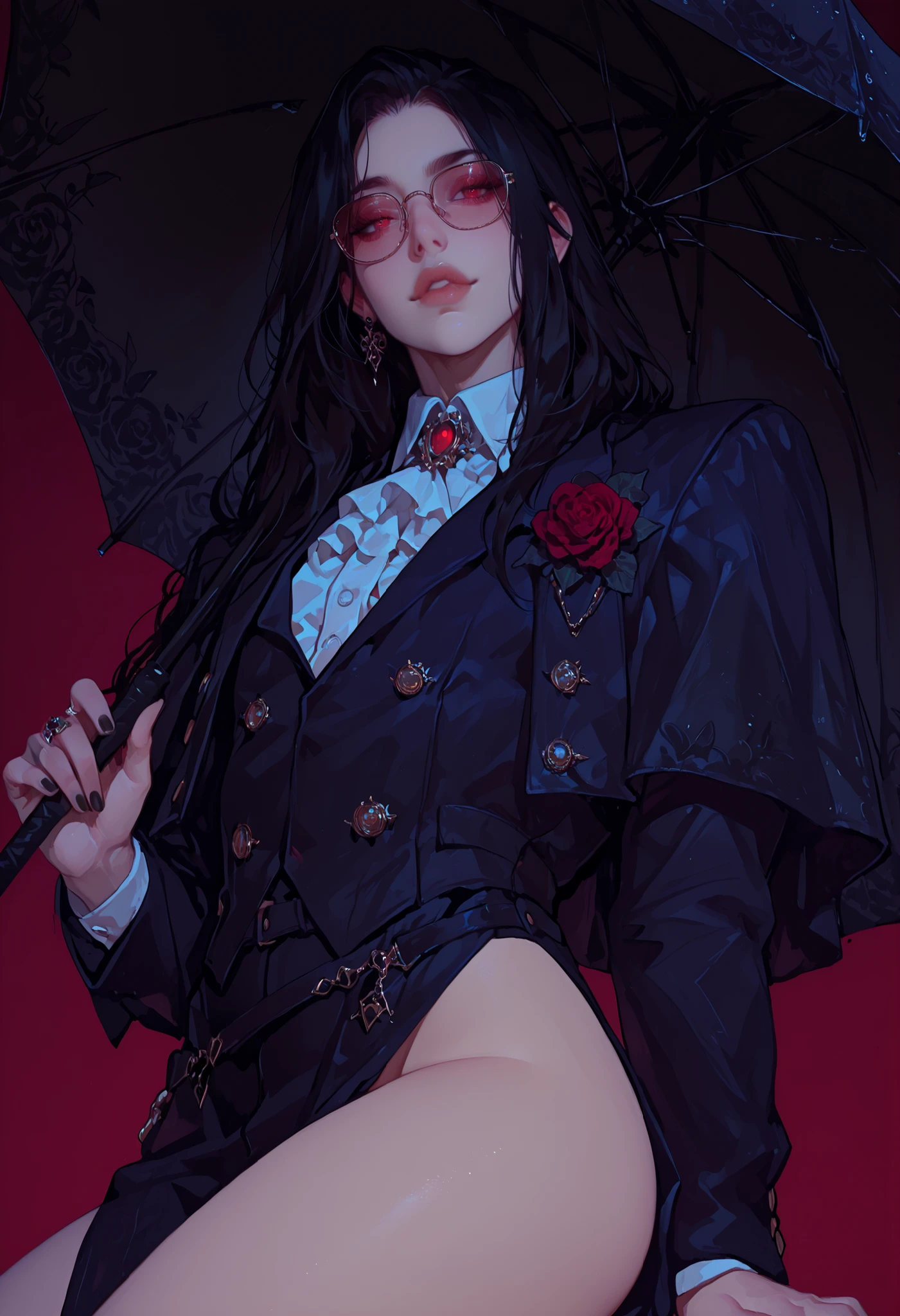 1boy, solo, masterpiece, best quality, highres, absurdres, looking at the viewer, ultra-detailed, illustration, simple background, ggtestament formal, androgynous male, black umbrella, teashade tinted glasses, black nails, black hair, puffy lips, red eyes, holding umbrella, gentle smile, slutty goth clotches, sexy