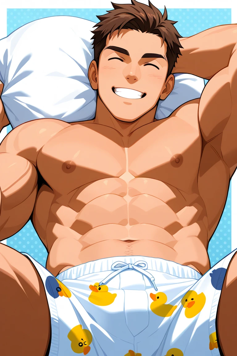 Lying down on a plush mat, the tanned, rising man takes a peaceful rest with his legs apart, showcasing his immense pectorals in this masterpiece anime style 8k CG Unity wallpaper. His big-closed eyes radiate a serene expression, and his oily, shiny skin glimmers under the soft light. With an open mouth, he exudes a handsome allure that leaves onlookers captivated. In this plunged view, his muscular form is unveiled in its entirety, revealing a ripple of dripping liquid and a ripped, full micro thong. Winds gently tousle his wind-swept, tanned hair,