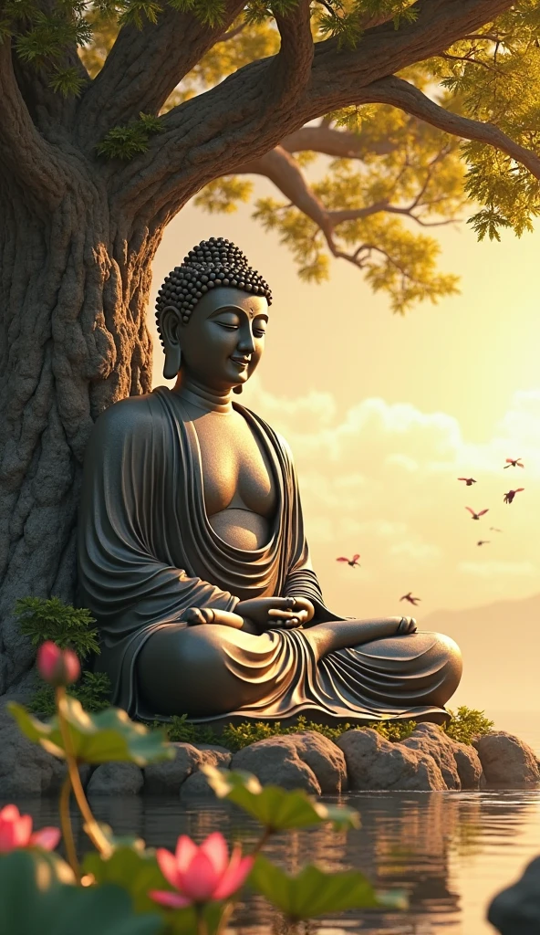 BUDDHA STATUE, stone, Texture, Tall, Majestic, The background is illuminated by sunlight,inverted image,Lateral face
