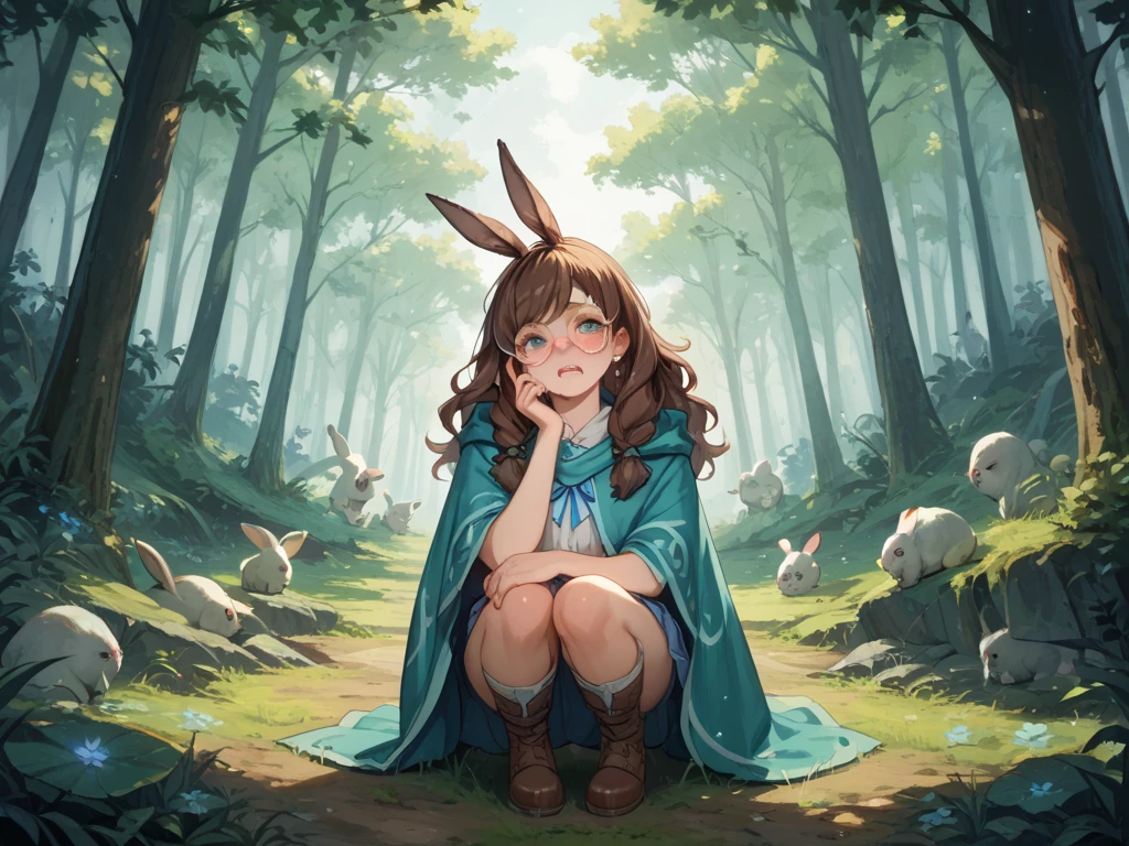 Highest quality　Fantasy　Young female hunter with a bow　Bonfire　 rabbit　The background is a night forest