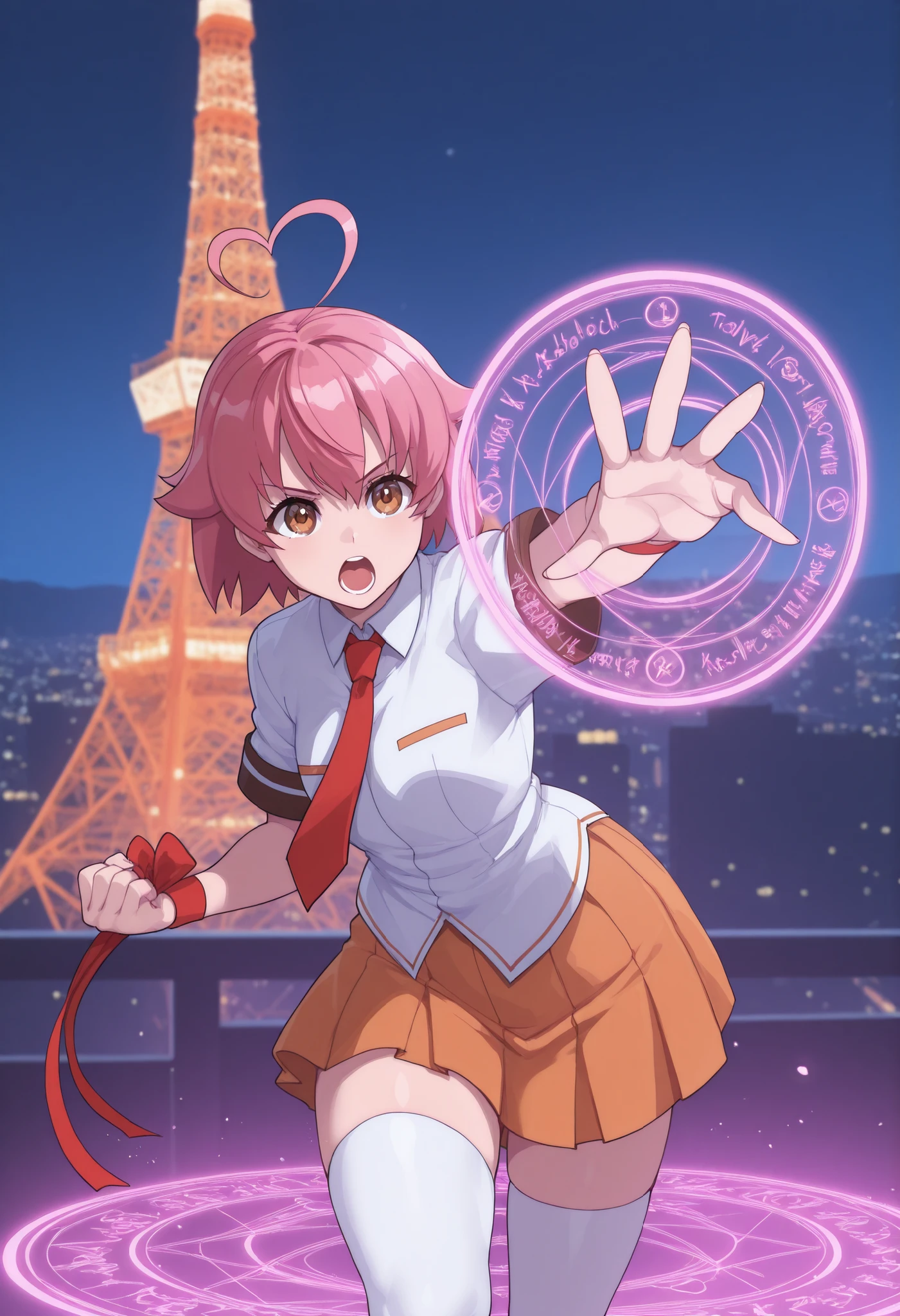 1girl, solo, ainohaato, pink hair, short hair, heart ahoge, brown eyes, shirt, short sleeves, necktie, wrist ribbon, wristband, skirt, school uniform, thighhighs, open mouth, serious, outdoors, tokyo tower, night, district, pink magic circle, outstretched arm, reaching out, foreshortening,