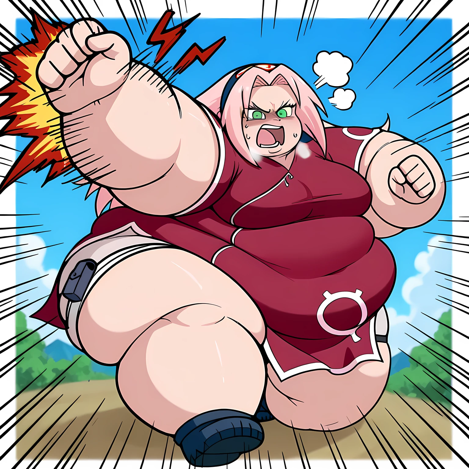 score_9, score_8_up, score_7_up, score_6_up, score_5_up, score_4_up, BREAK, source_anime,
1girl, haruno sakura, pink hair, long hair, green eyes, red qipao, angry, full body shot,
IncrsPunchMeme, incoming punch, blue sky, meadowm fat, chubby, obese, gigantic arms and legs, large breasts open mouth, out of breath
  