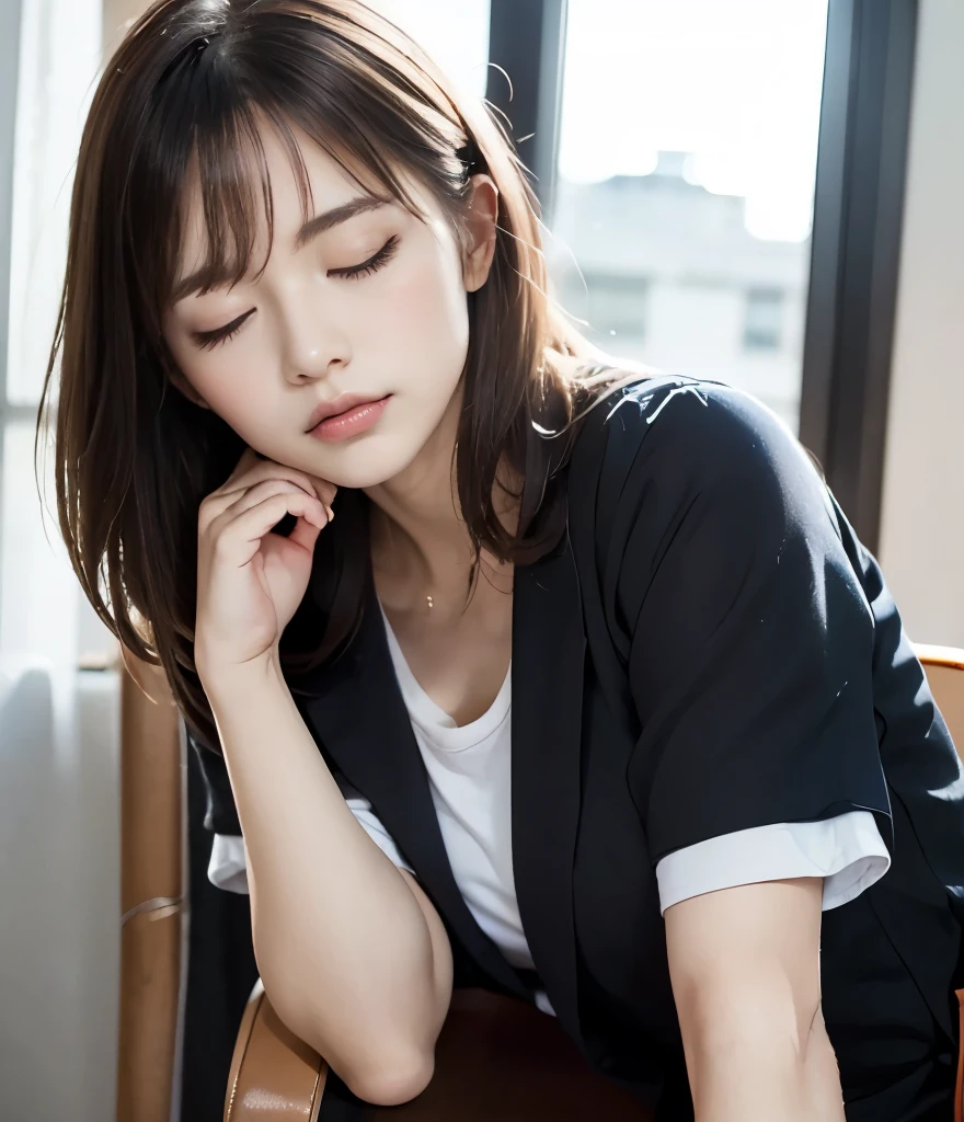 (top quality、ultra-high precision、masterpiece)、Photo quality 、Photoreal: 1.6, shiny skin、Almond Eye、(working in the office、cute office lady sitting on a chair is dozing off:1.8、close your eyes)、( super cute )、business jacketを着た日本人オフィスレディー、white t-shirt with boat neck、tight skirt、(Leaning on the back of a chair and dozing off:1.8))、(open legs:1.2)、( charming)、 ( business jacket )、 (Japanese office lady dozing off in the office)、perfect lighting、(perfect anatomy)