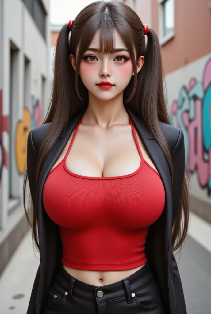 Beautiful Woman, Perfect Face, Perfect Figure, Realistic Facial Expressions, 1girl, plump, black hair, long hair, bare_shoulders, red dress, HDR, UHD, 8K, best quality, masterpiece, Highly detailed, Studio lighting, ultra-fine painting, sharp focus, city, light smile, On the street), high saturation, cinematic light, edge light, best shadow, best lighting
