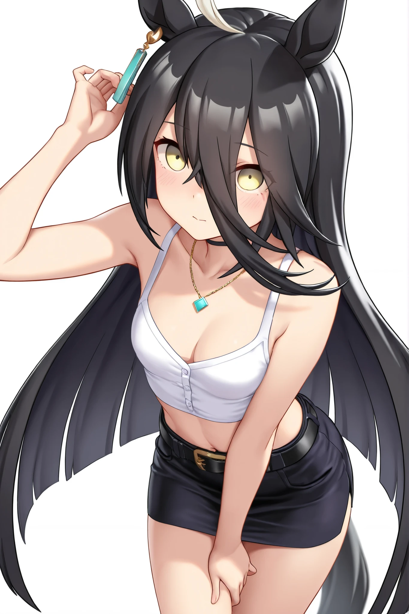 Kizi,White top,A beautiful face,tmasterpiece,Bright, smooth skin,Long black hair that shows his skin,Mini shorts,The eyes are delicate,pupil realistic,(smallunderboob:1.2),(Thigh thick:1.0)