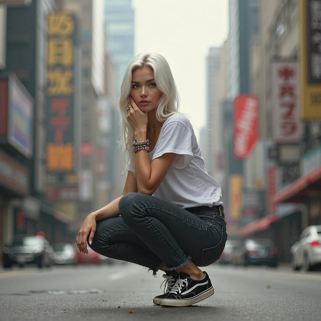 Foto hiper real de ((Woman in New York wearing a sexy ripped and worn cotton t-shirt and tight pants)), ((Cara y ojos realistas detallados)), cinematic lighting, 8K resolution, (Estilo modelshoot), puesta del sol, (De_abajo:1.4), Small soft covered by (Torn torn cotton T-shirt), senos naturales