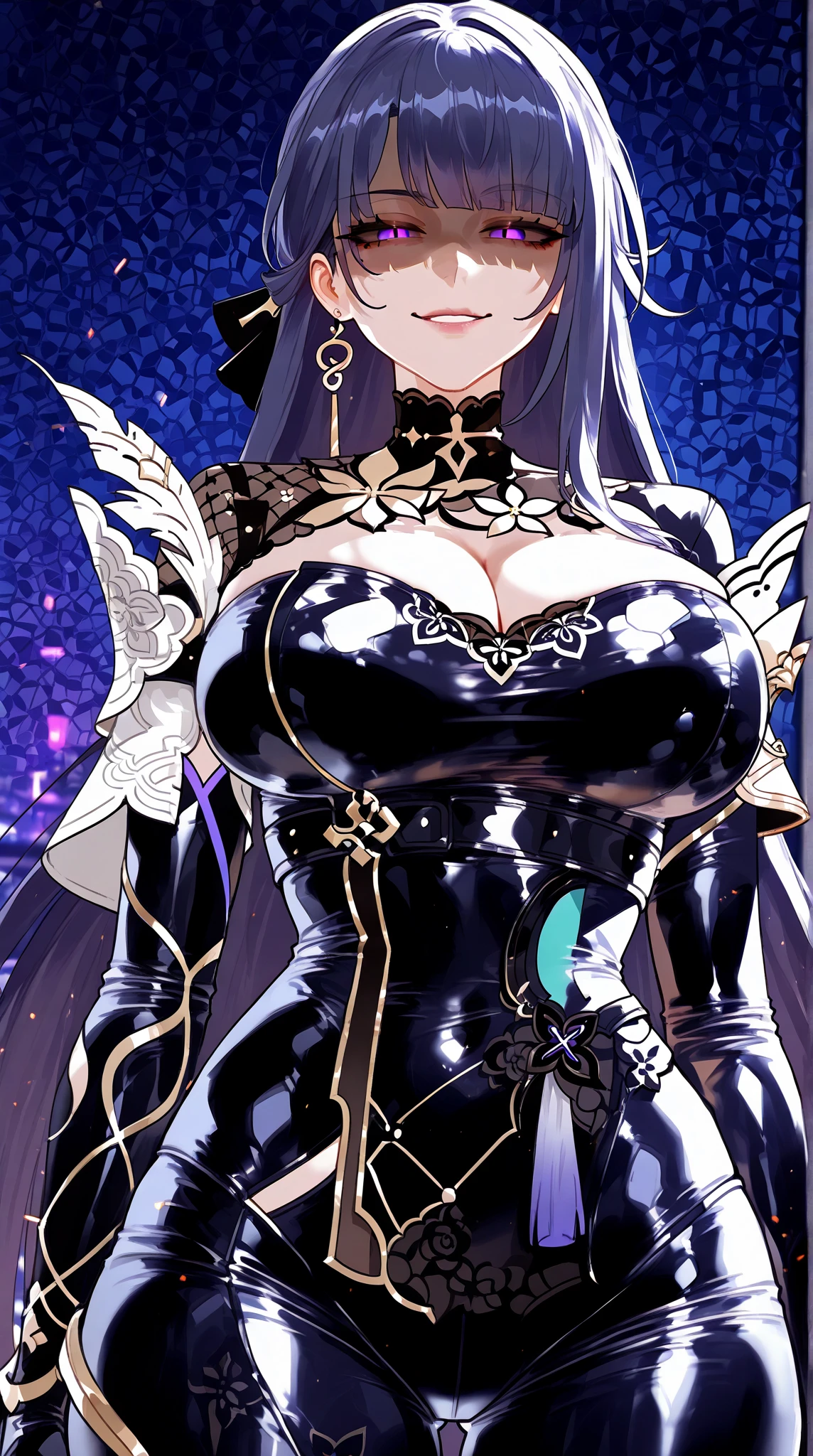 1girl, ahoge, animal ear fluff, animal ears, bangs, bare shoulders, black hair, black kimono, breasts, cleavage, collarbone, facial mark, fox ears, fox girl, fur-trimmed kimono, fur trim, hair ornament, huge breasts, japanese clothes, jewelry, kimono, large breasts, long hair, looking at viewer, low neckline, magatama, magatama necklace, necklace, off shoulder, open mouth, simple background, smile, solo, upper body, very long hair, white background, yellow eyes,musashi \(azur lane\),(masterpiece:1.4),(best quality:1.4),(realistic),(shiny skin)