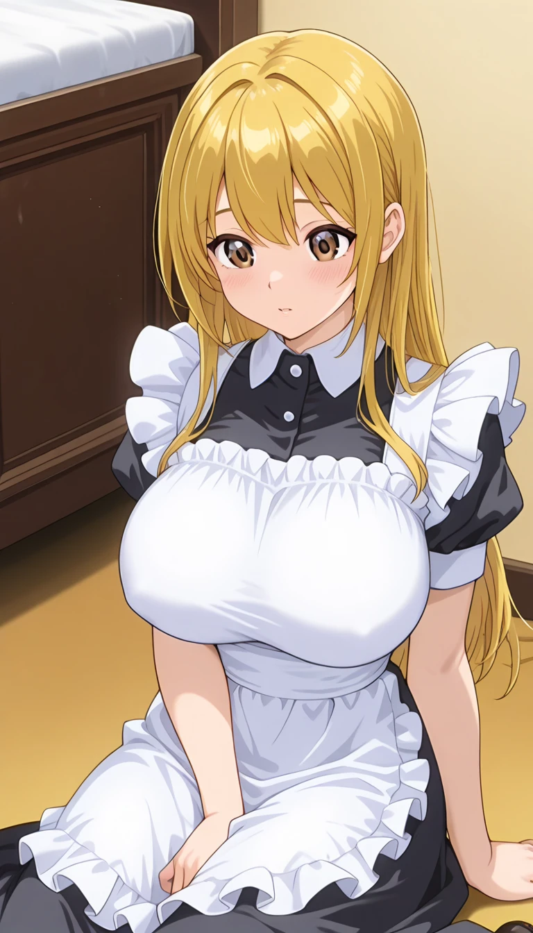 (masterpiece:1.2),(Shiny skin:1.1), Full Body, anime, (anime style:1.5),sexy pose, kitchen background, sexy pose on kitchen board,pink Heart shaped pupils in eyes,Heart eyes, seducive smile (The body is slim:1.1), (Beautiful blonde long hair:1.2), (Huge breasts:1.4), Floating Hair, (bangs), (short white apron only), (cowboy shot), horny, close to viewer, do sexy pose to viewer