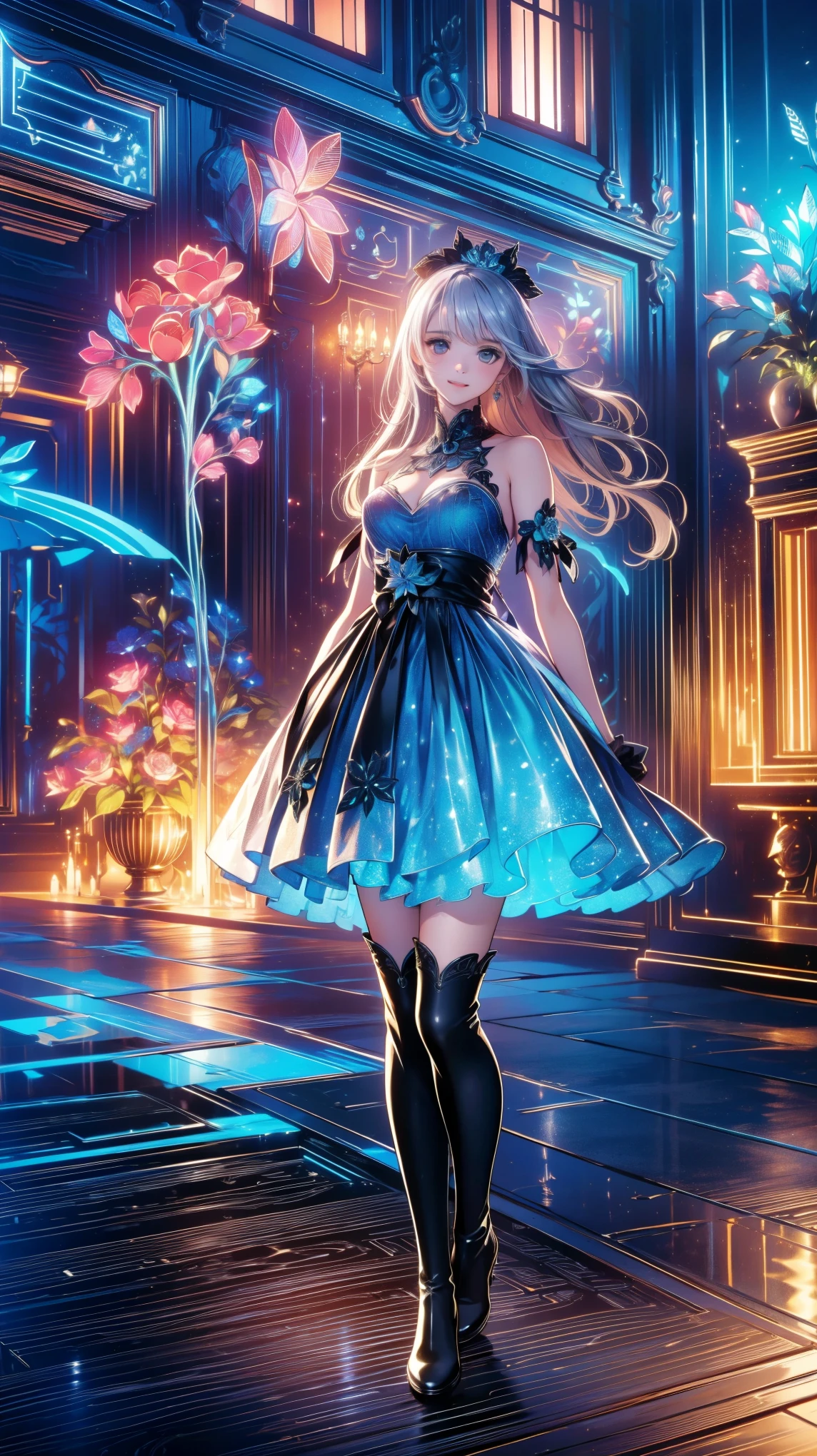 ( very detailed目, very detailed顔), ( realistic にสุดๆ, high resolution ), ( Top Quality :1.4), ( Top Quality ), 5, Midea, 1 girl ,score_9, score_8_ up, score_7_ up, score_6_ up, score_5_ up, score_4_ up, realistic skin texture that lasts deep into the middle of the night 、 Deep Night , RAW photos , ( realistic に, realistic :1.37), very detailed, Pro Pictures , (masterpiece:1.3, Top Quality , s uper high resolution, Ultramore ), ( realistic , photo realistic :1.4), beautiful illustrations , perfect lighting, anime style .( masterpiece : 1.2), ( very detailed: 1.2), ( very detailed CG: 1.2), ( high image quality : 1.2), (最 high image quality ), 8k, animated illustration , 、 beautiful girl 、とても cute天使、 pink gothic dress 、 cute、、smile、 long skirt、 Black Long Boots 、 grey pink pants ,Turquoise Eye, cute女性 ,street, Candy Store , sign,European Buildings,slate paved ,Rose flower,