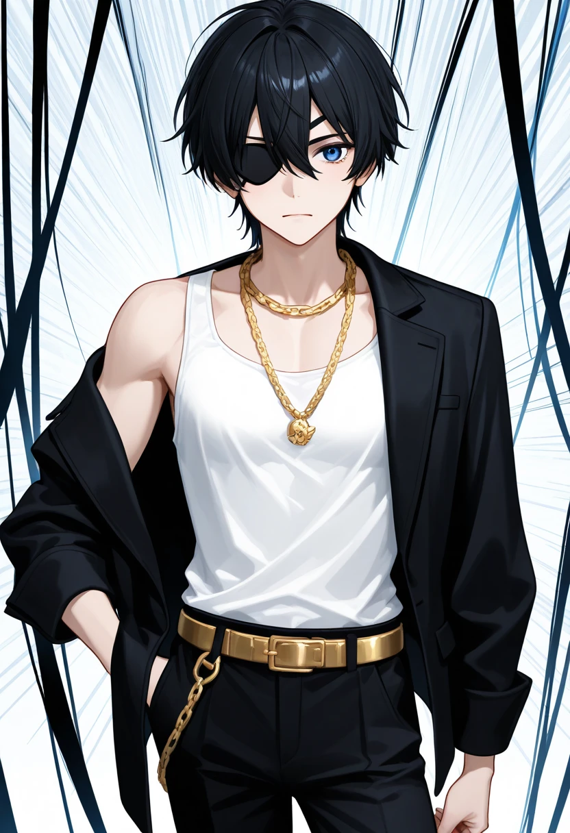 anime boy with black hair and a black shirt with a chain around his neck, male anime style, anime style character, boy has short black hair, inspired by Okumura Togyu, young anime man, anime moe artstyle, in an anime style, inspired by Okumura Masanobu, inspired by Itō Ogura Yonesuke