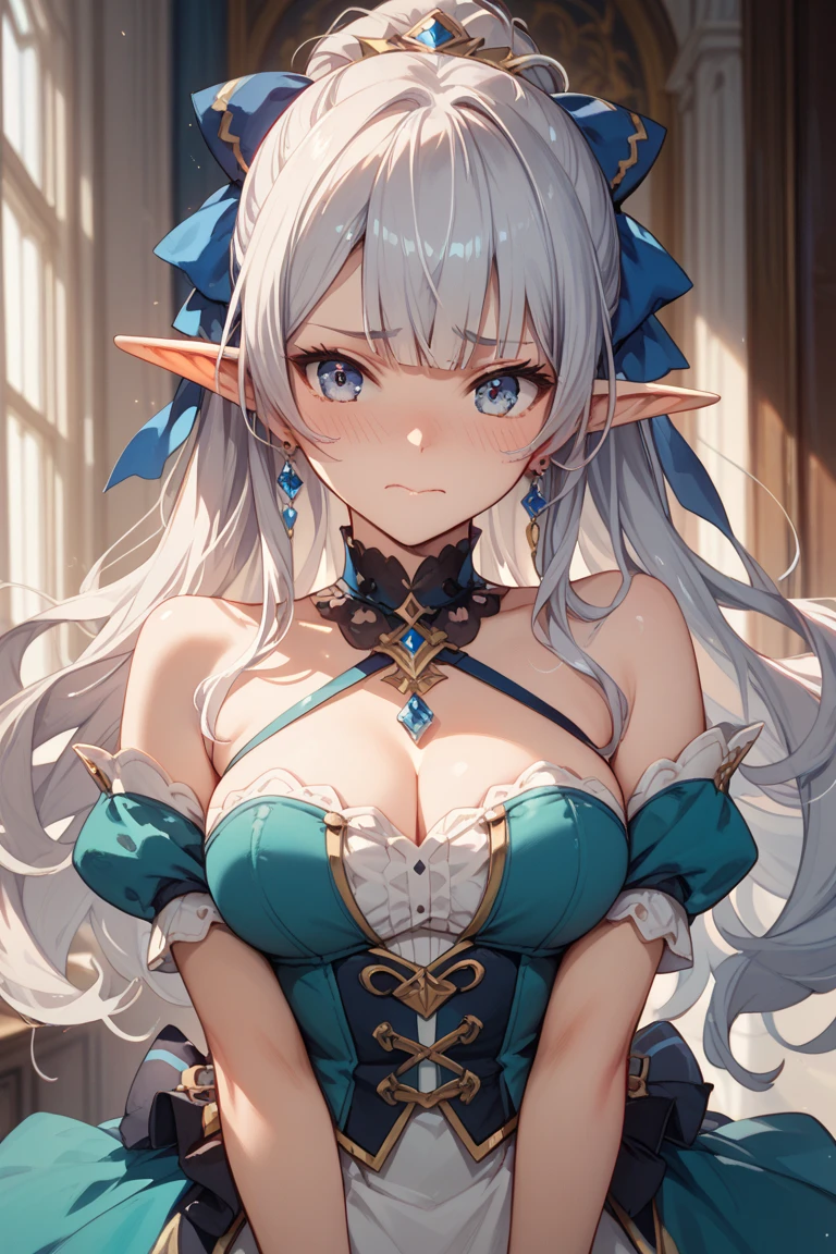 (Original Character、Unity 16K Wallpaper, Masterpiece, Best Quality, Ultra-Detailed, Extremely Detailed CG, Caustics, Cinematic Lighting, Detailed, Beautiful Detailed Eyes, solo), Ultra High Resolution, fine skin, (elf, curby), (strong light)、((brighten the subject)),outdoors,cleavage,blush,cowboy shot,Mysterious,bent over,night,starry sky,from below
