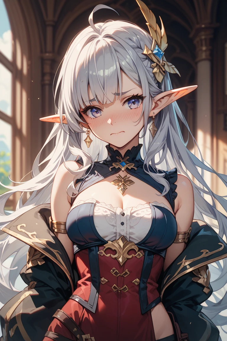 (highres, high quality:1.1), intricate details, cinematic lighting, digital art,(ojou-sama pose, laughing:1.1), (hand on own chin:1.1), hands on hip, grin, half-closed eyes, Nailkaiser, dark-skinned female, dark skin, 1girl, mansion, window, night sky, complex background, cowboy shot,looking at viewer, white hair, long hair, head wings, (white lipstick:1.1), detailed face, green eyes, jewelry, earrings,functonally nude, topless, cropped jacket, naked armor, bridal gauntlets, shoulder spikes, large breasts,