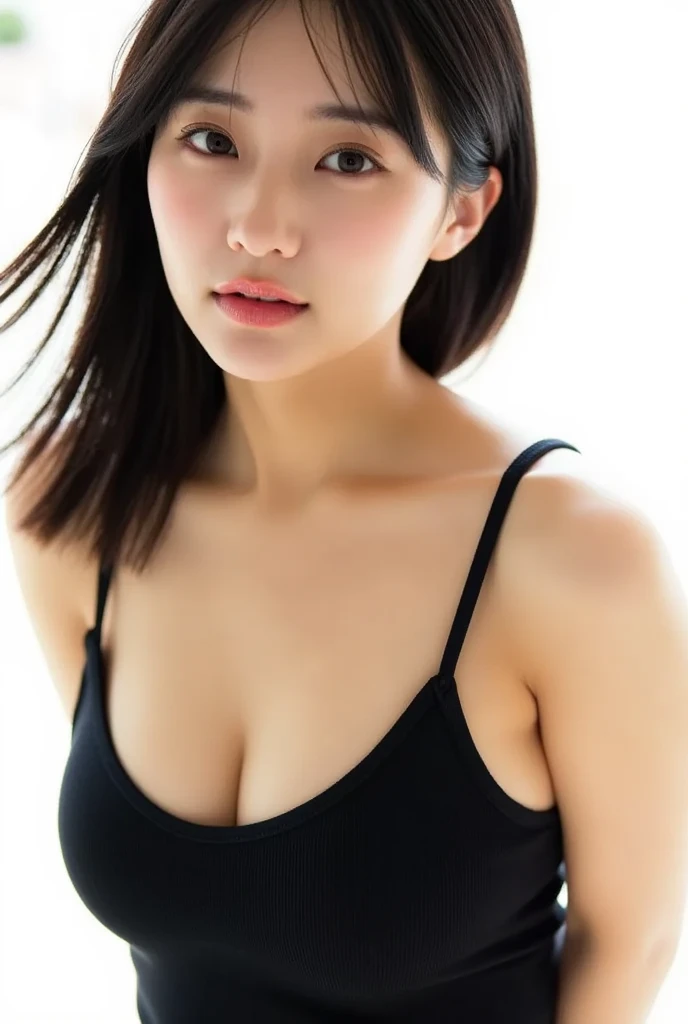 ((High resolution, high resolution, High detail, masterpiece)), Rough skin, Anatomically correct, sharp, White Background ((Japanese Mature, 30 years old)), alone, Shapely large breasts, Straight black hair reaching to the shoulders, Chubby body type, (((Stand upright, from the front)),Tank top, Panties,Small nipples、On all fours