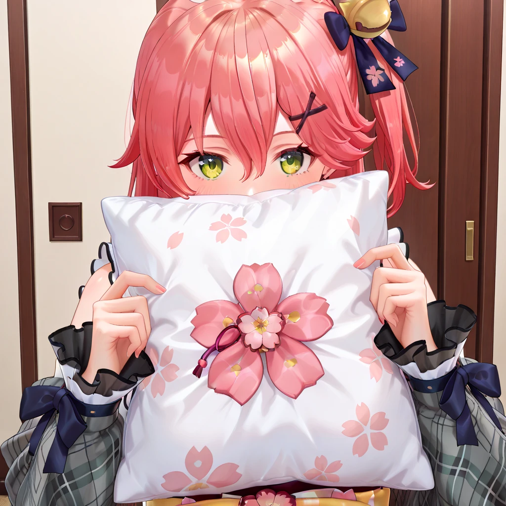 masterpiece, top quality, great quality, very detailed,2 women, 2girl,  holding pillows "Sakura Miko",  holding pillows "Hoshimai Suisei", Japanese style room background, is throwing pillows2 women, is throwing pillows"Sakura Miko"and"Hoshimai Suisei", 