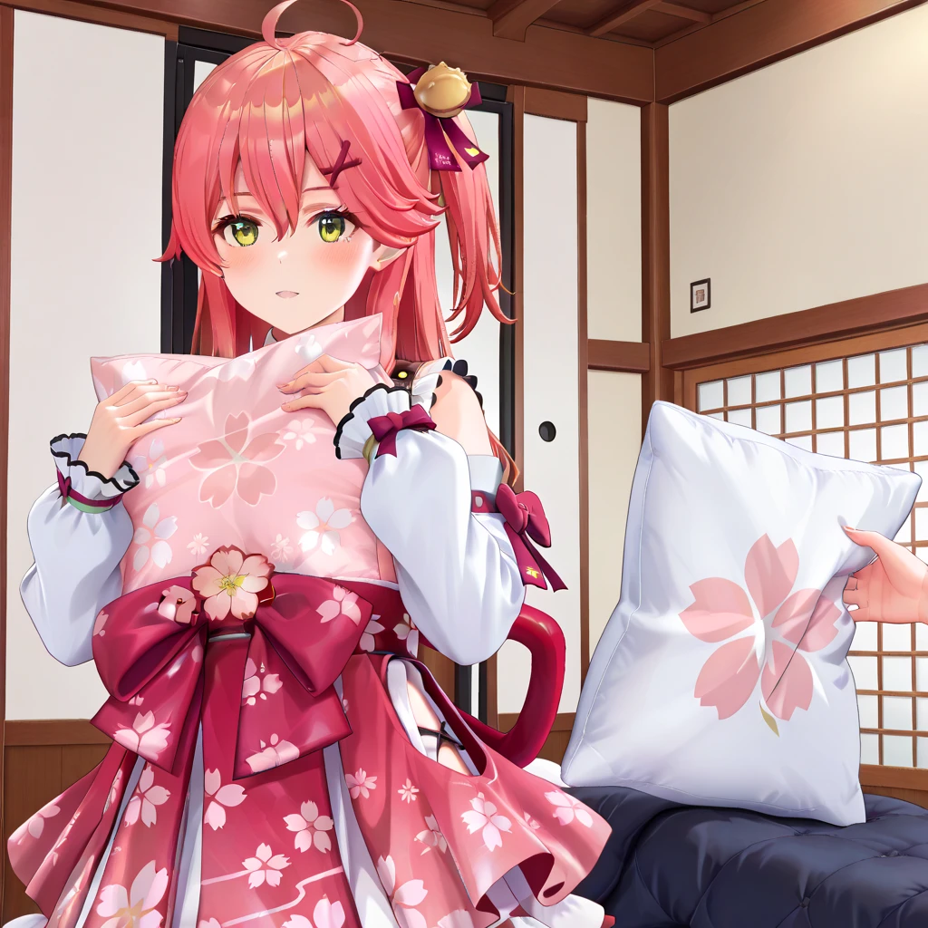 masterpiece, top quality, great quality, very detailed,2 women, 2girl,  holding pillows "Sakura Miko",  holding pillows "Hoshimai Suisei", Japanese style room background, is throwing pillows2 women, is throwing pillows"Sakura Miko"and"Hoshimai Suisei", 