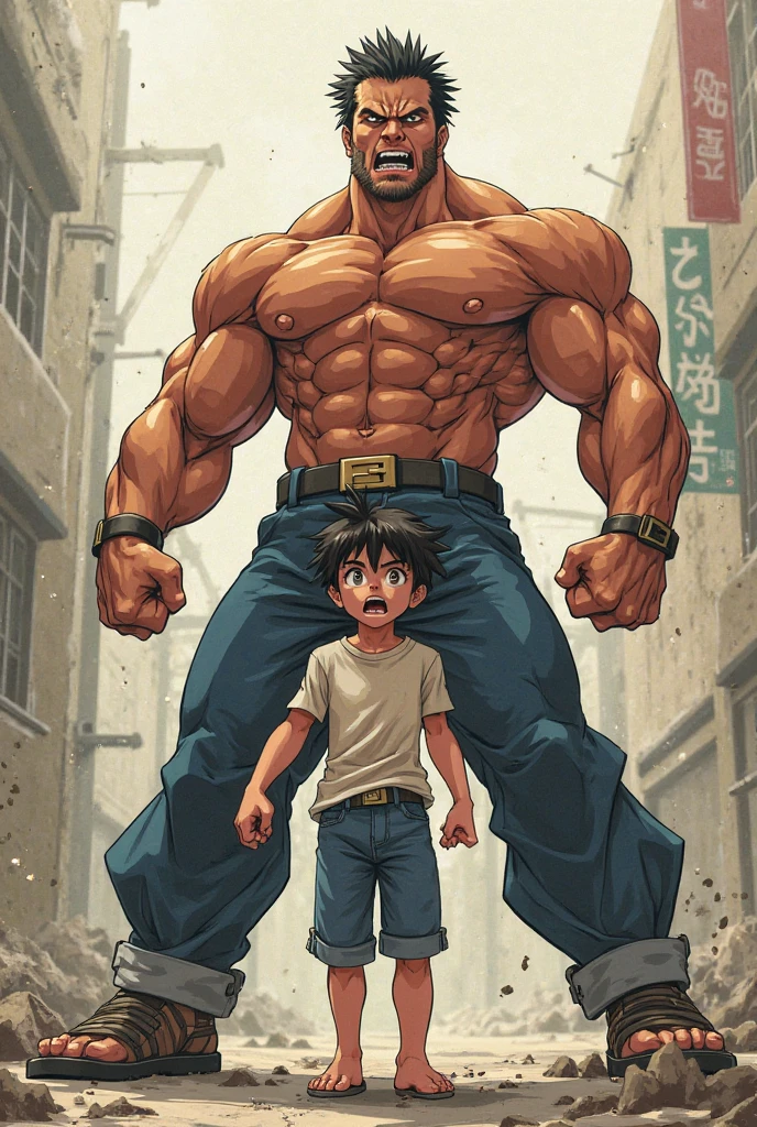 Create a big muscular black or dark haired man with a short white girl with short blue hair on the side of him in 2d anime