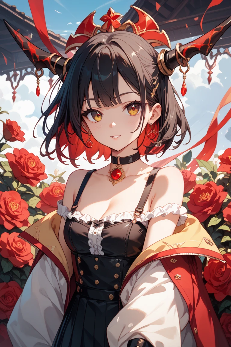 score_9, score_8_up, score_7_up, score_6_up, masterpiece, ultra detailed, best quality, source_anime, Expressiveh, zPDXL, BREAK, 1 girl, smile, (Peorth, bob cut with low ponytail), crop top, short shorts, cleavage, large breasts, standing, gazeebo, roses, vines, white background, simple background, jewelry, bracelet, nail polish, bare shoulders, cowboy shot, (detailed face)