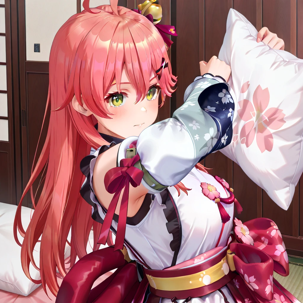 masterpiece, top quality, great quality, very detailed,2 women, 2girl,  holding pillows "Sakura Miko",  holding pillows "Hoshimai Suisei", Japanese style room background, is throwing pillows2 women, is throwing pillows"Sakura Miko"and"Hoshimai Suisei", 