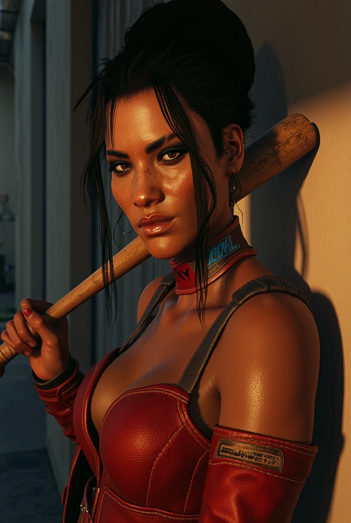 A highly detailed and ultra-realistic scene set in an industrial storage area. In the foreground, there is a young woman with a tense and alert expression. She has dark brown skin and long, black hair tied back in a high ponytail, with a few loose strands framing her face. Her eyes are a striking dark brown, and her facial features are sharply defined, with high cheekbones and full lips. She is wearing a low-cut, sleeveless red dress that reveals a black bra underneath, indicating she might be in a distressed situation. Her hands are bound behind her back, adding a sense of captivity and urgency to the scene
