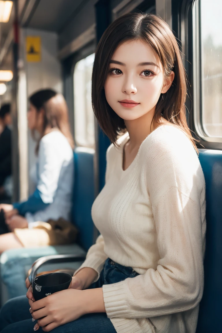 masterpiece, High resolution, Ultra High resolution, 4K, Black Hair, Japanese Girls, Uniform skirt, Accentuate your thighs, White thighs, Soft thighs, Shiny thighs, Sitting on a train, Facing angle, Angle from below, Sitting on a train Seat, Sit in front, Zoom camera to hip joint, Put your feet on the train floor, whole body, Looking down and sleepy, Watch only viewers, Highest quality, Ultra High resolution, Realistic, High resolution, detailed, RAW Photos, sharp, Nikon Film Pictures, Images and Stock Photos, Rich lens color, Ultra-realistic and realistic texture, Dramatic lighting, Unreal Engine,